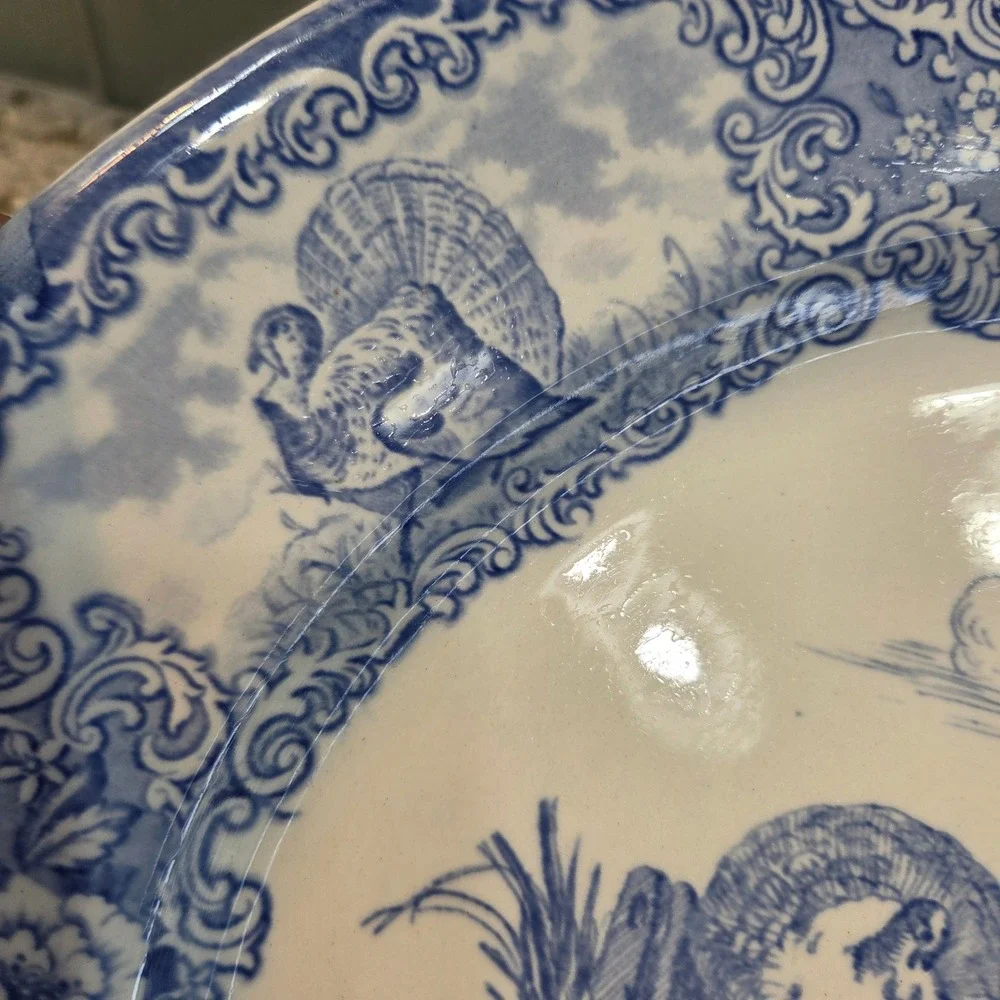 Vintage Blue White Turkey Transferware Oval Serving Platter Thanksgiving Harvest